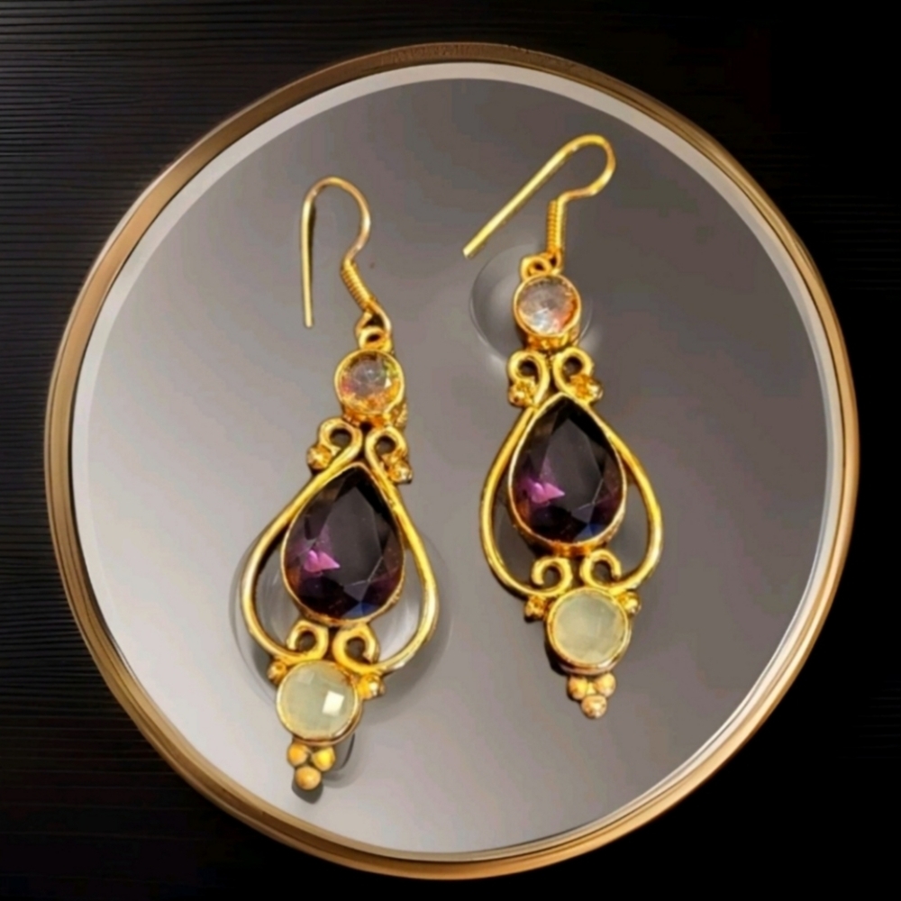 Estate Amethyst Topaz & Chalcedony Handcrafted Gold Dangle Earrings